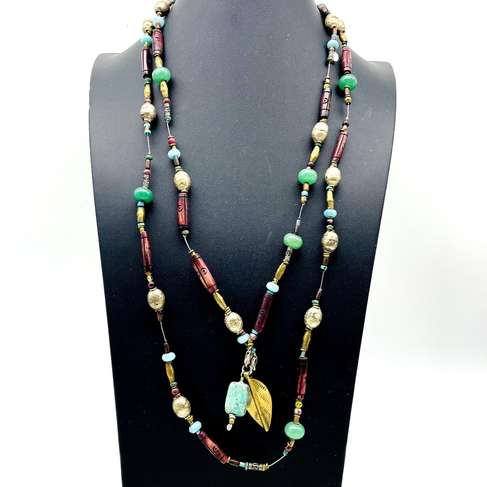 ZOLO Multicolor Beaded Long Necklace Green Red Gold Tone Pendant Boho